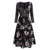Robe Superposée à Imprimé Fleurie Boutonnée à Taille Haute en Maille en Ligne A à Manches Longues - multicolor A L