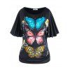 T-shirt Papillon Imprimé à Manches Chauves-Souris Grande Taille - Noir L