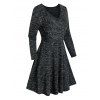 Space Dye A Line Mini Dress Lace-up Ruched Crossover Long Sleeve V Neck Casual Dress - BLACK XL