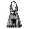 Ensemble de Body Plongeant en Maille Transparente de Grande Taille - Noir 2X