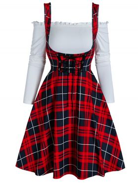 Checked Plaid Corset Style Lace Up A Line Mini Dress and Off Shoulder Ruched Top Set