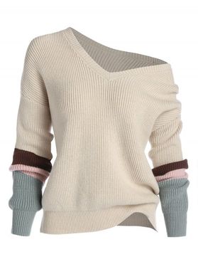 Plus Size Skew Collar Patchwork Knit Sweater