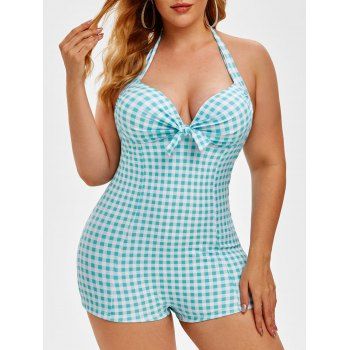

Plus Size Halter Gingham Open Back One-piece Swimsuit, Light green