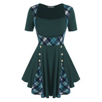 

Plus Size Plaid Buttoned Skirted T Shirt, Deep green