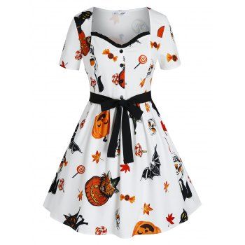 

Plus Size Halloween Pumpkin Skull Bats Mini Dress, White