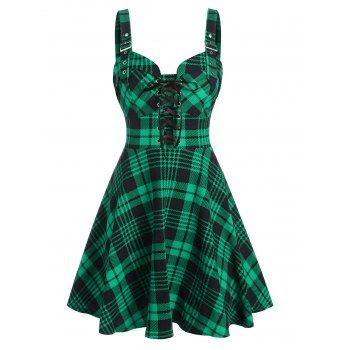 Image of Plaid Print Lace-up Buckle Strap Sleeveless Dress