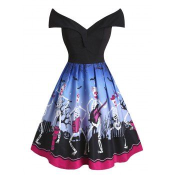 

Plus Size Off The Shoulder Halloween Skeleton Print Dress, Blue