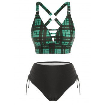 

Ring Ladder Cutout Side Cinched Plaid Tankini Swimwear, Medium aquamarine