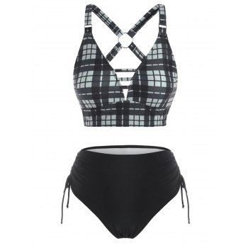 

Vintage Swimsuit Plaid Print Tankini Swimwear O Ring Ladder Cutout Side Cinched Summer Beach Bathing Suit, White