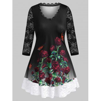

Plus Size Flower Butterfly Print Lace Insert Tunic Tee, Black