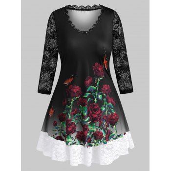 Plus Size Flower Butterfly Print Lace Insert Tunic Tee