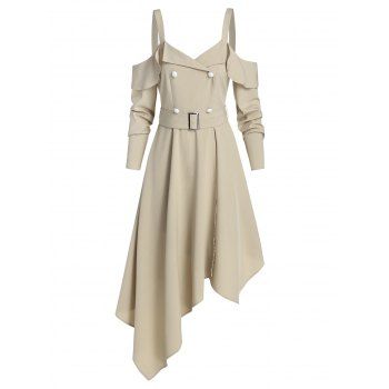 

Asymmetrical Cold Shoulder A Line Dress Plain Ruffle Double Breated Long Sleeve Buckle Belted Casual Dress, Light khaki