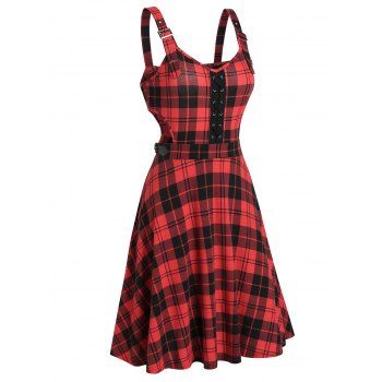 

Plaid Cut Out A Line Mini Dress Lace Up Buckle Strap Vintage Cami Dress, Lava red