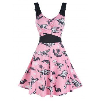 

Halloween Animal Skeleton Print Sleeveless Crossover Dress, Pink