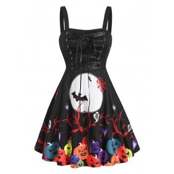 

Halloween Moon Pumpkin Print Lace-up Sleeveless Dress, Multicolor a