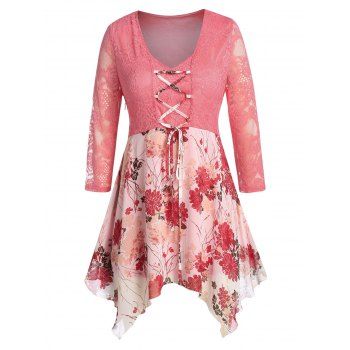 

Plus Size Lace Sheer Chiffon Flower Handkerchief Blouse, Watermelon pink