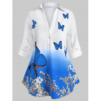 

Floral Butterfly Button Front Tab Sleeve Plus Size Shirt, White