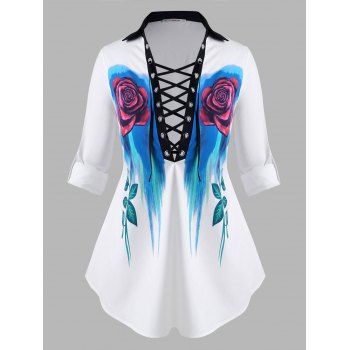 

Lace Up Floral Tab Sleeve Plus Size Shirt, White