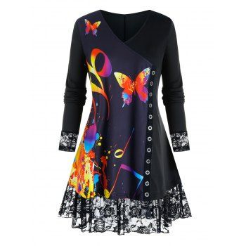 

Plus Size Butterfly Music Note Printed T-shirt, Black