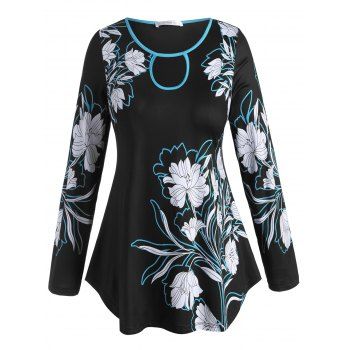 

Plus Size Cutout Flower Pattern Long Sleeve Tee, Black