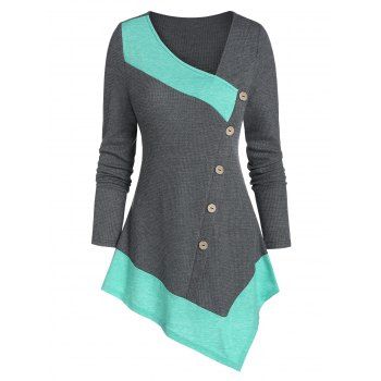 

Contrast Color Mock Button Asymmetric Knitted T Shirt, Carbon gray