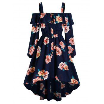 

Cold Shoulder Floral Print Mock Button High Low Dress, Cadetblue