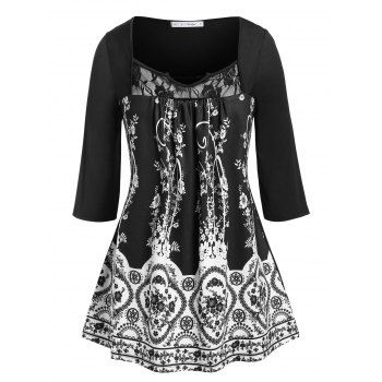 

Plus Size Lace Insert Tribal Print T Shirt, Black