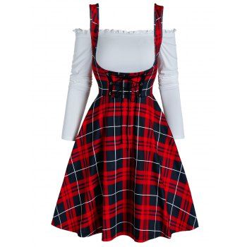 

Two Piece Checked Lace Up Mini A Line Dress, Red wine