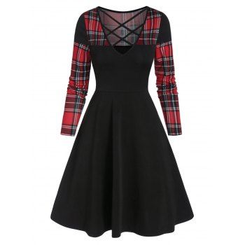 

Checked Insert Criss Cross Mini High Waist Dress, Black