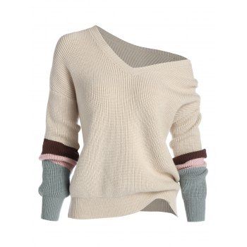 

Plus Size Skew Collar Patchwork Knit Sweater, Light coffee