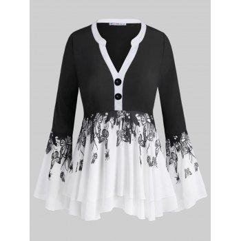 

Button Front Insect Butterfly Layered Plus Size Blouse, Black