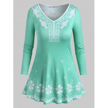 

Plus Size Flower Print Long Sleeve Tee, Light green