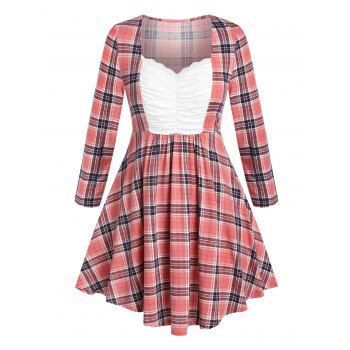 

Plus Size Ruched Bust Plaid Round Hem Tee, Pink