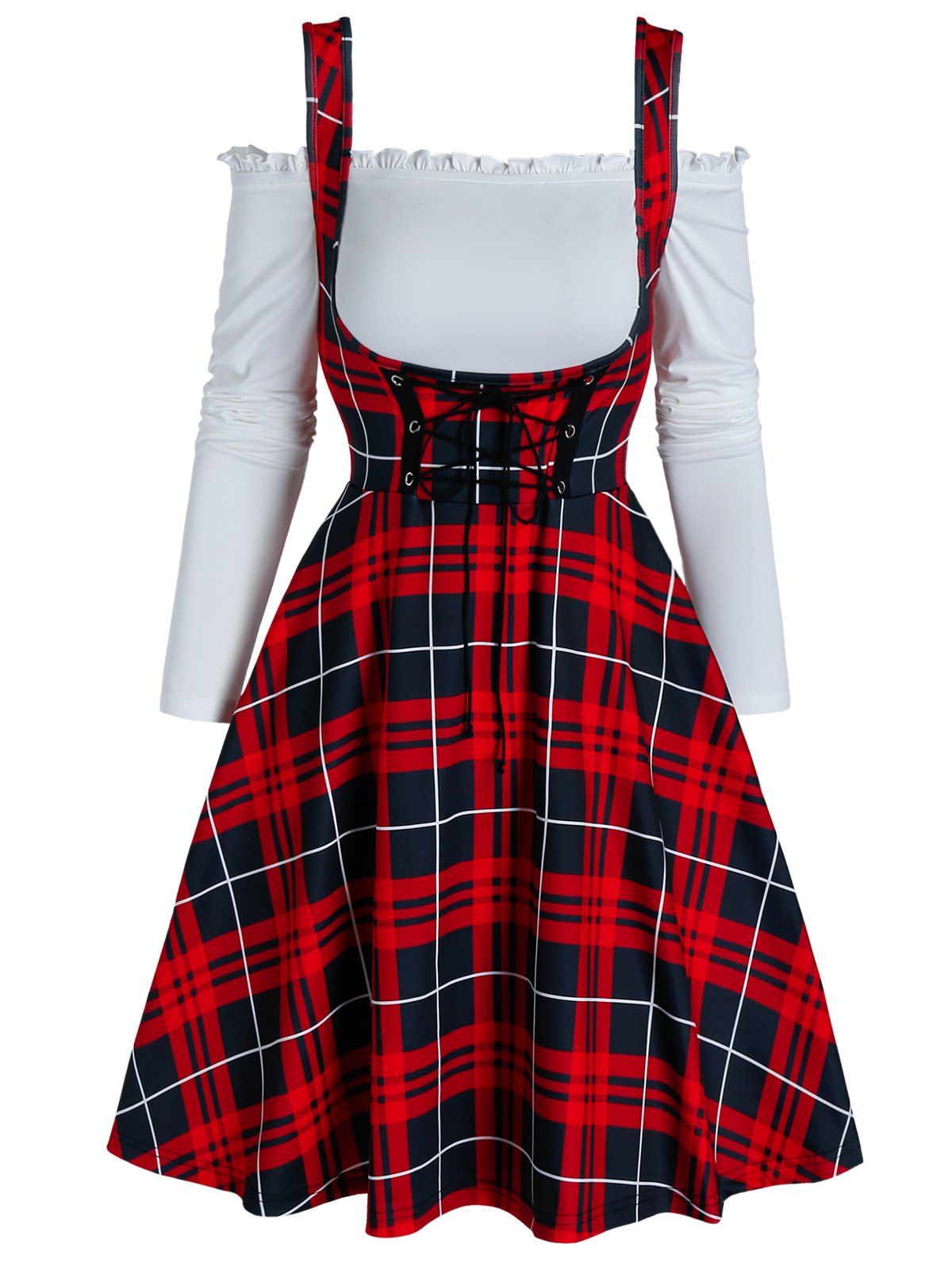 Checked Plaid Corset Style Lace Up A Line Mini Dress and Off Shoulder Ruched Top Set - RED WINE 3XL