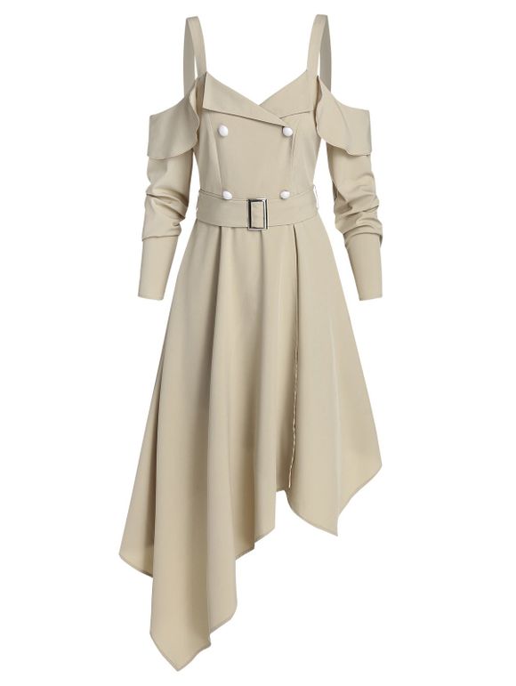Asymmetrical Cold Shoulder A Line Dress Plain Ruffle Double Breated Long Sleeve Buckle Belted Casual Dress - LIGHT KHAKI 3XL