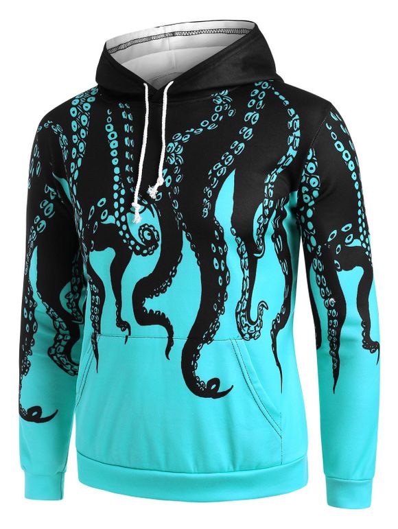 Sweat à Capuche Imprimé Poulpe avec Poche Kangourou - Vert 4XL