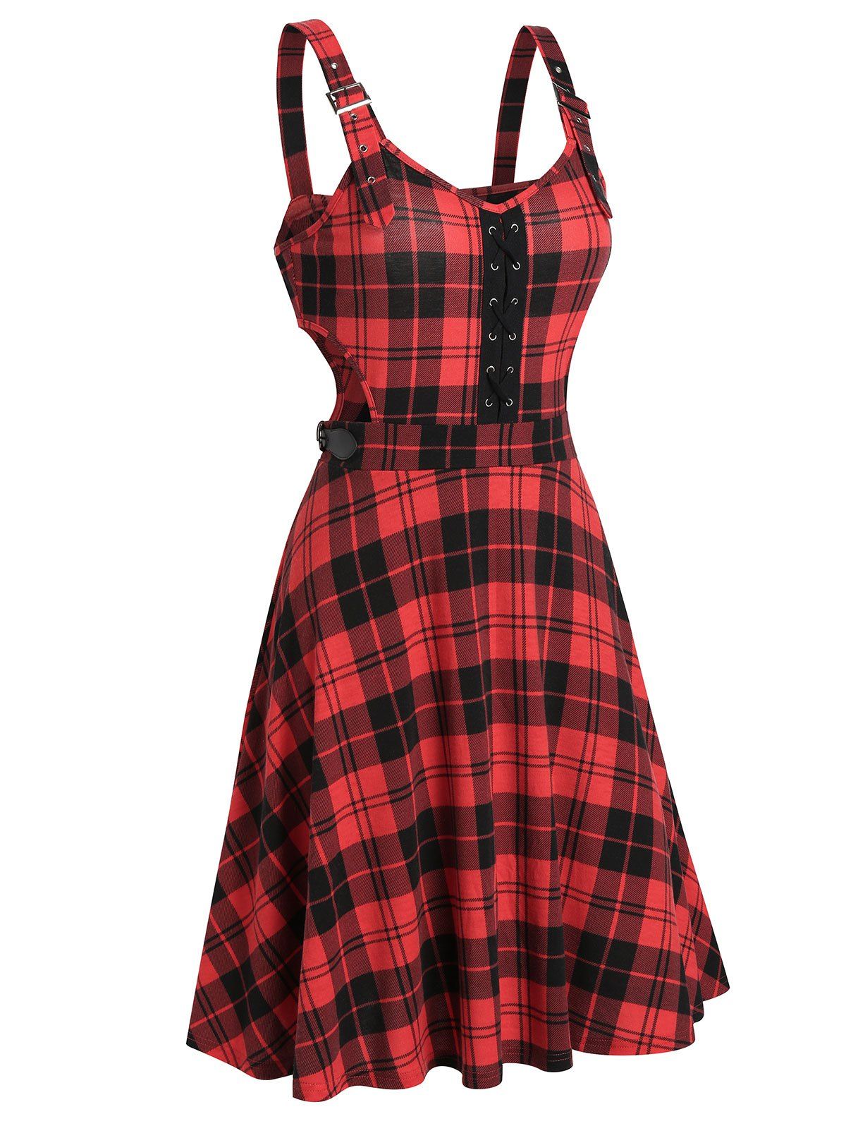 Plaid Cut Out A Line Mini Dress Lace Up Buckle Strap Vintage Cami Dress - LAVA RED XL