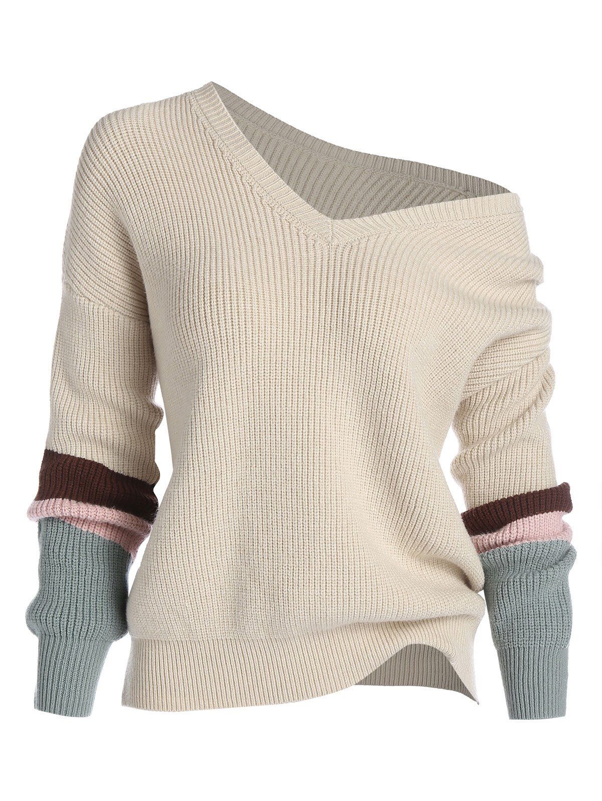 Plus Size Skew Collar Patchwork Knit Sweater - LIGHT COFFEE L