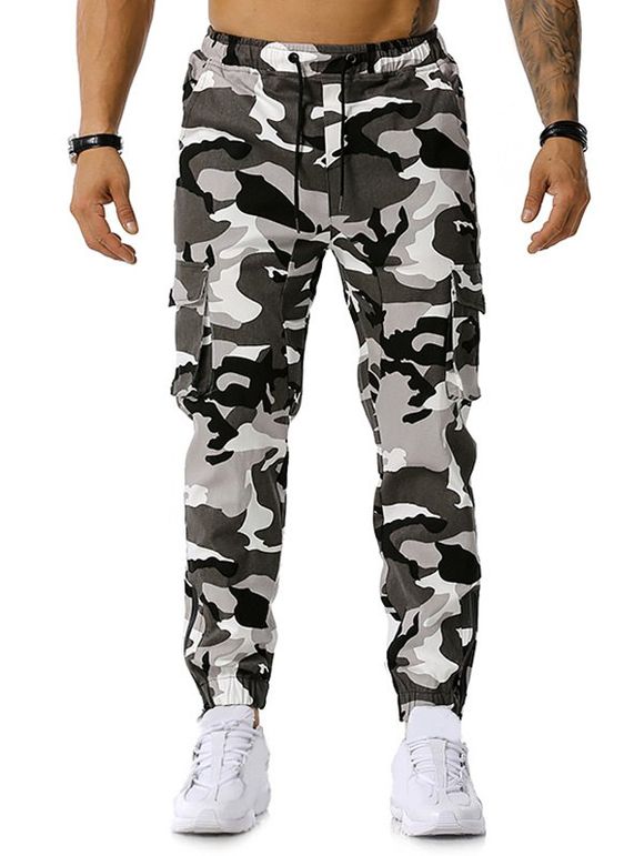 Pantalon Cargo Camouflage Imprimé avec Multi-Poches à Cordon - Gris M