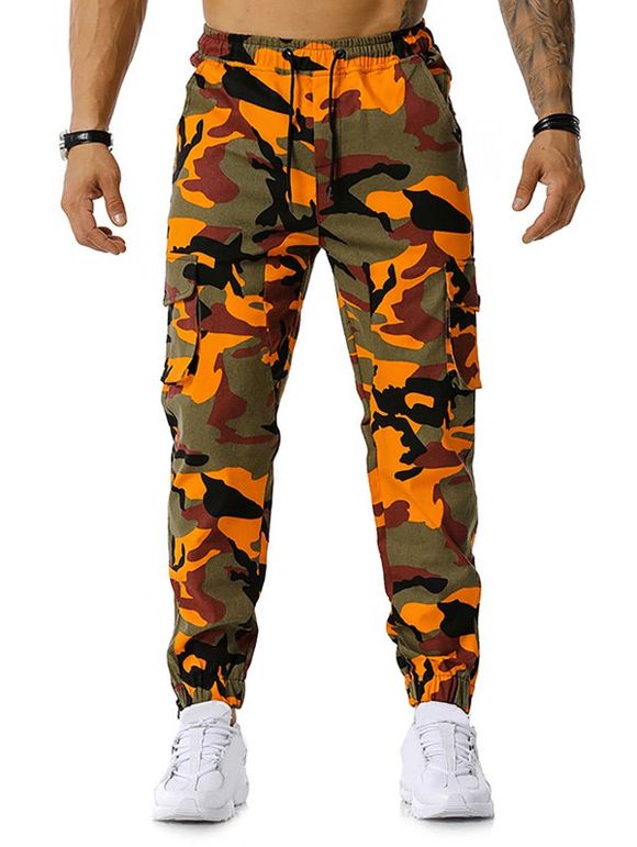 Pantalon Cargo Camouflage Imprimé avec Multi-Poches à Cordon - Orange 2XL