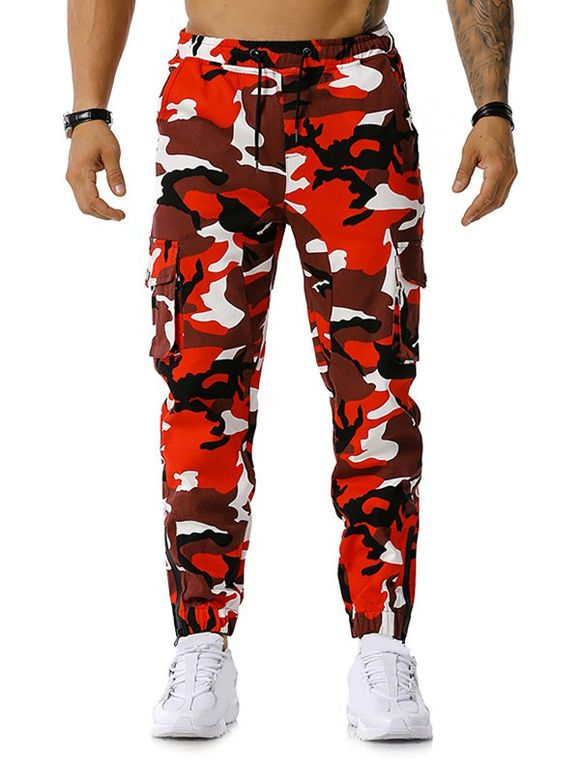 Pantalon Cargo Camouflage Imprimé avec Multi-Poches à Cordon - Rouge L
