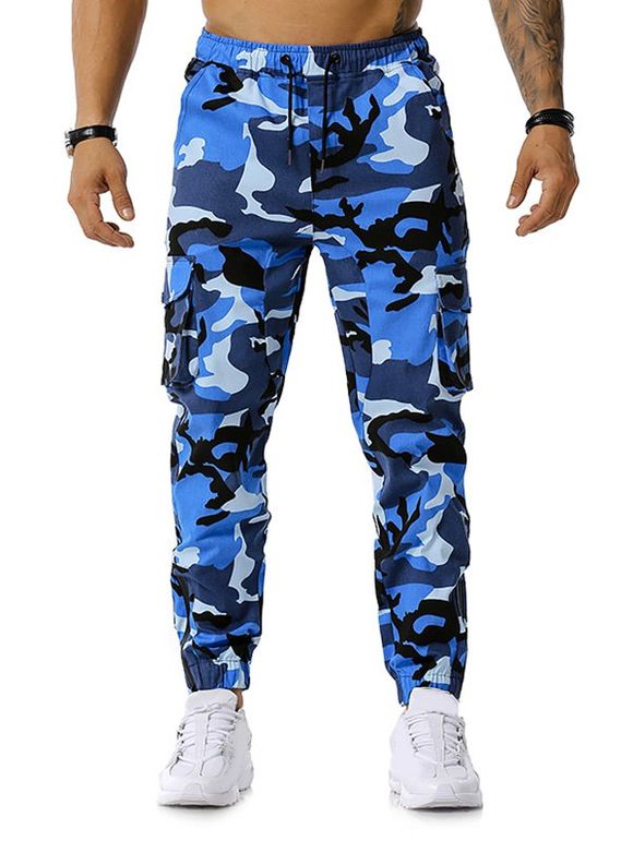 Pantalon Cargo Camouflage Imprimé avec Multi-Poches à Cordon - Bleu 2XL