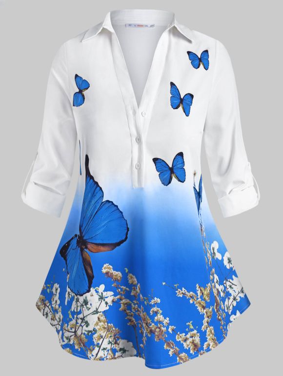 Chemise Boutonnée Fleurie à Manches Papillon de Grande Taille - Blanc L