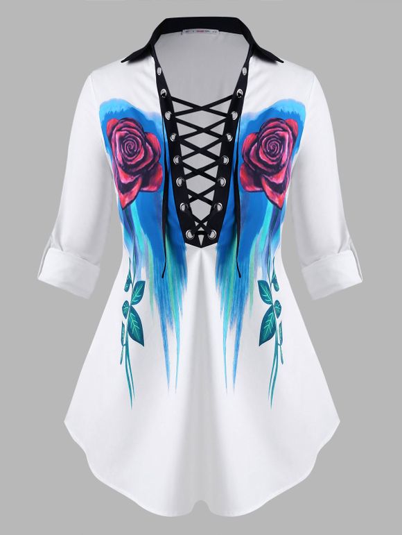 Chemise Florale à Manches Roulées avec Lacets Grande Taille - Blanc 2X