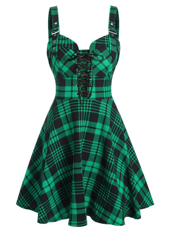 Robe Mini d'Eté Vintage Style Corset à Bretelle Bouclée à Carreaux Imprimée sans Manches à Lacets - multicolor A 2XL