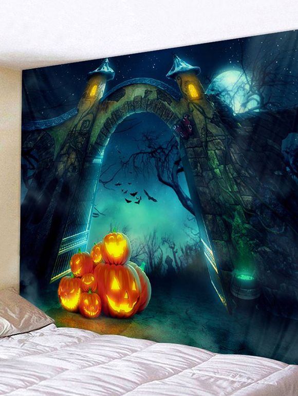Tapisserie Murale d'Halloween Imprimé Arche et Citrouille - Vert Clair de Mer W79 X L71 INCH
