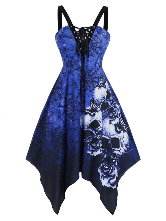 Robe d'Halloween Mouchoir Toile d'Araignée de Grande Taille à Lacets - Bleu Myrtille 3X