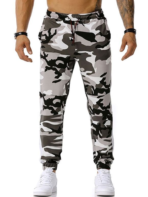 Pantalon Décontracté Camouflage Imprimé à Cordon - Gris XL