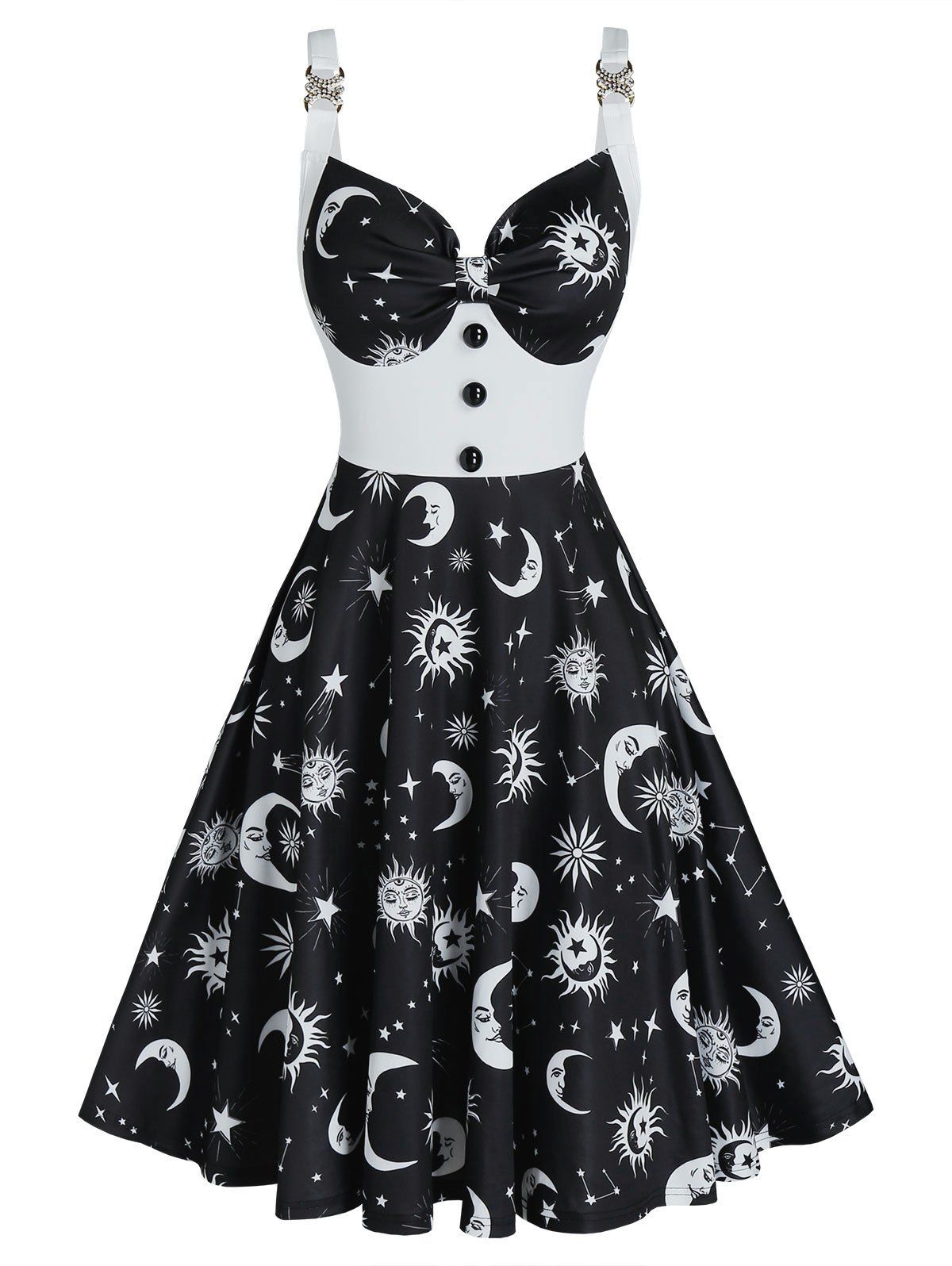 Sun Moon Star Print Sleeveless Flare Dress - BLACK XL