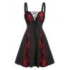 Mini Robe Crâne Fleurie Panneau en Dentelle en Blocs de Couleurs - Rouge Sang M